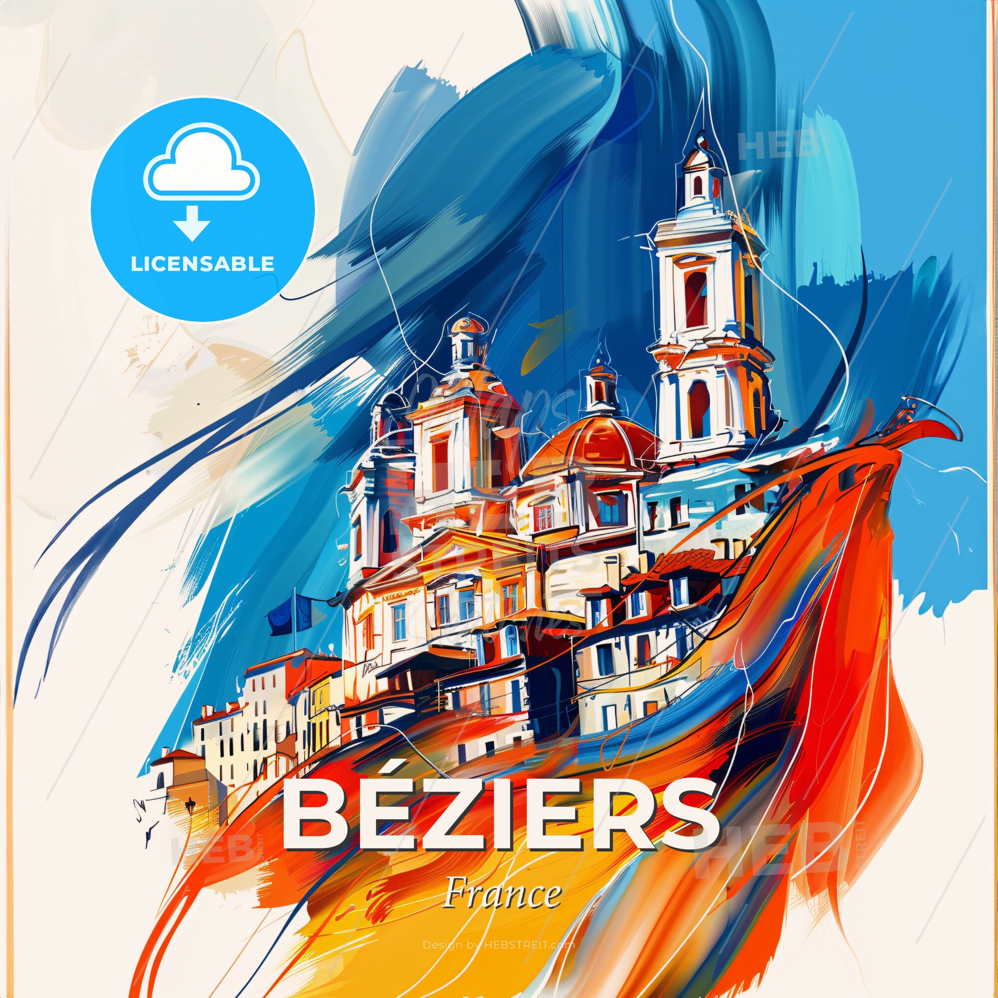 Vibrant Béziers, France - A Painting Of A Building With Towers And A Blue And Orange Background - Square format print template