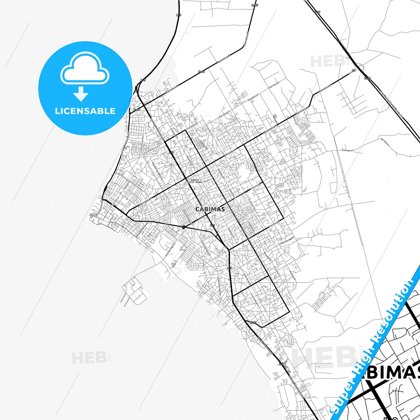 Cabimas, Venezuela Light Map with Street Names, City Names, and Districts