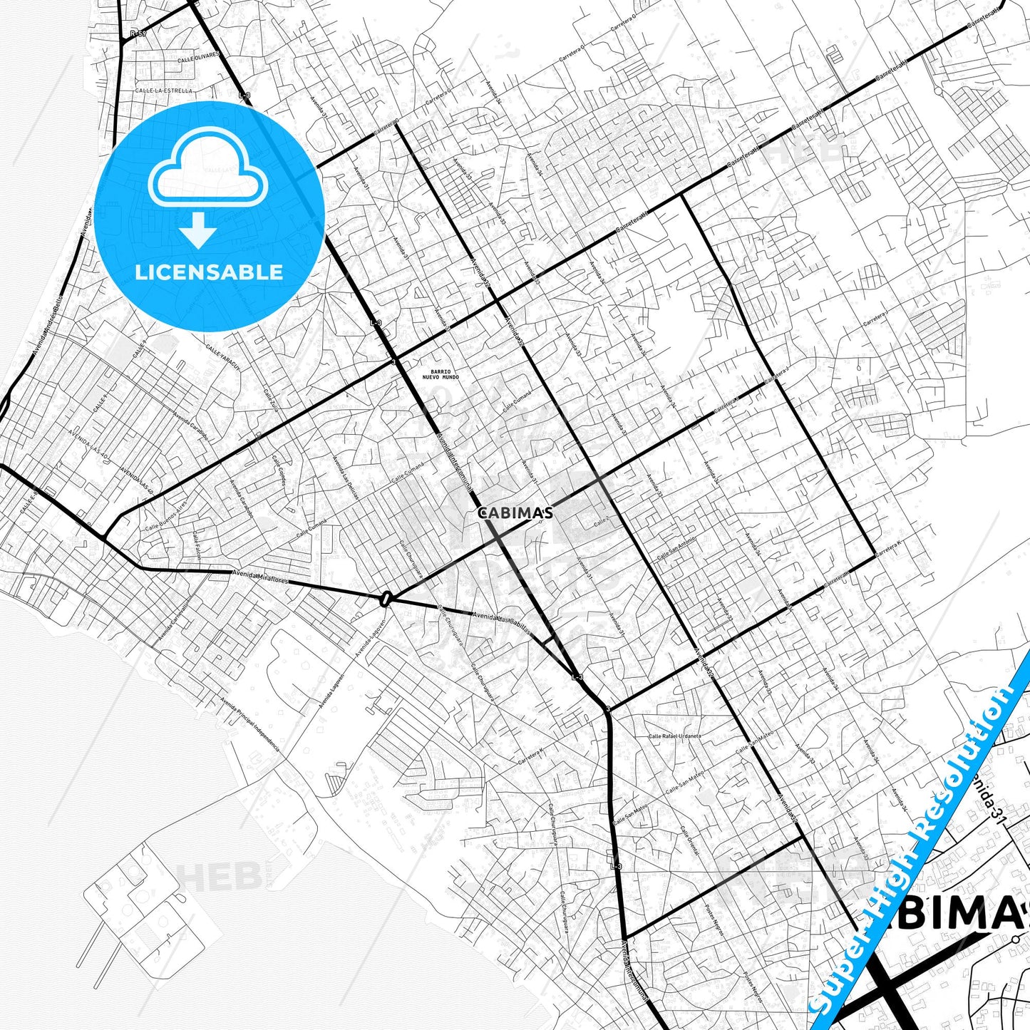 Cabimas, Venezuela Light Map with Street Names, City Names, and Districts