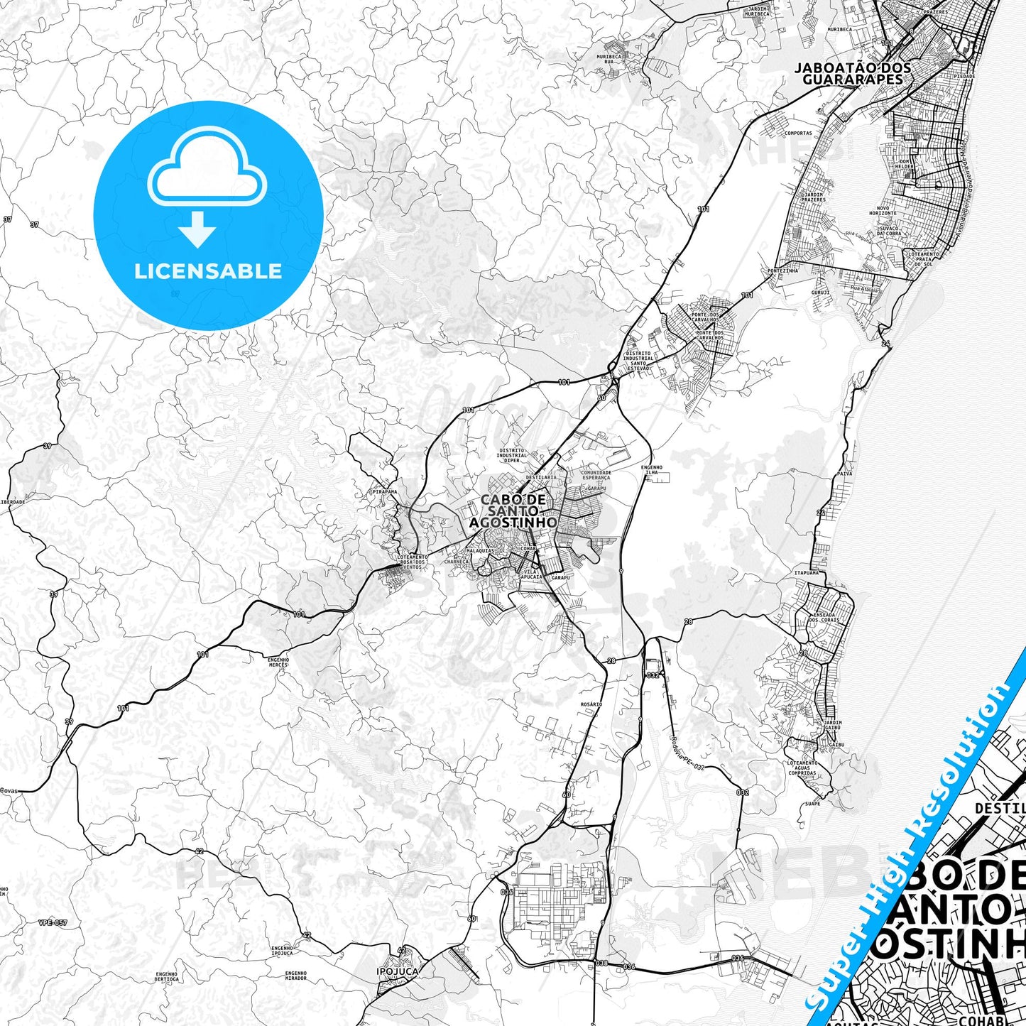 Cabo, Brazil light map with streetnames, citynames and districts