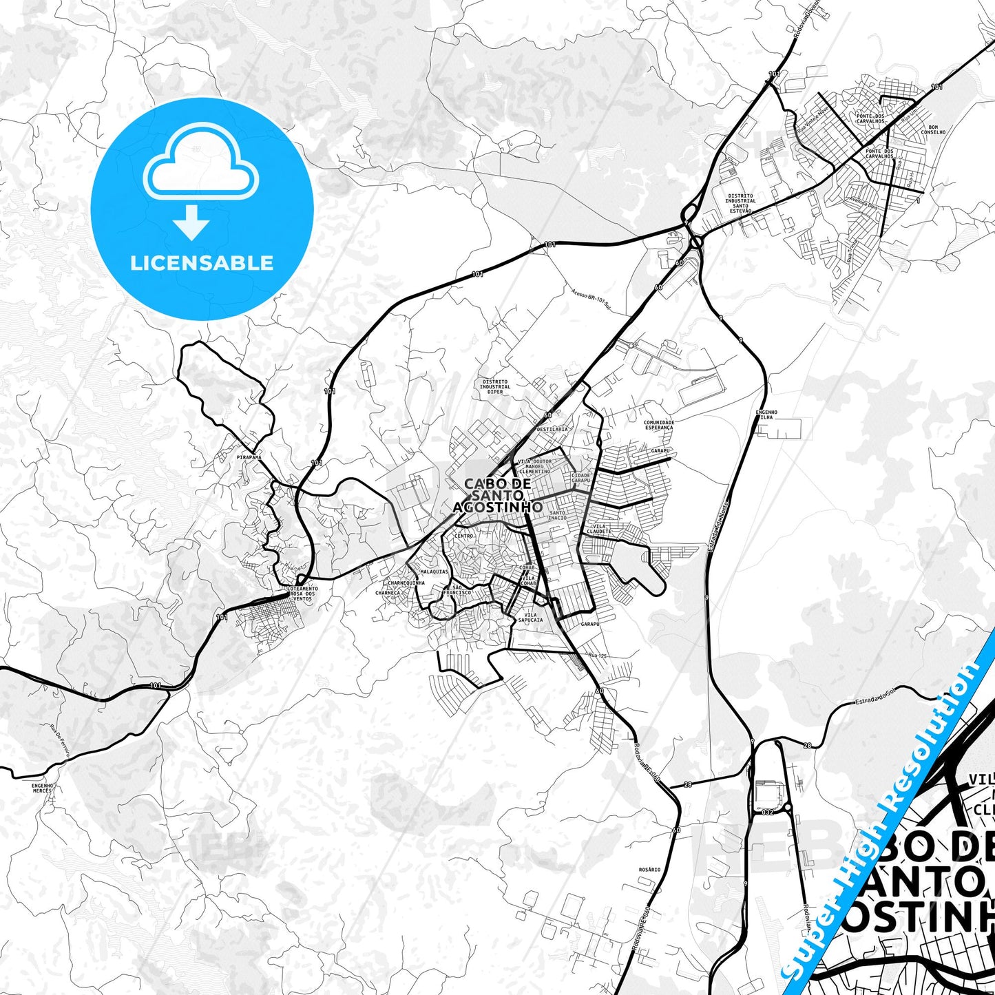 Cabo, Brazil Light Map with Street Names, City Names, and Districts