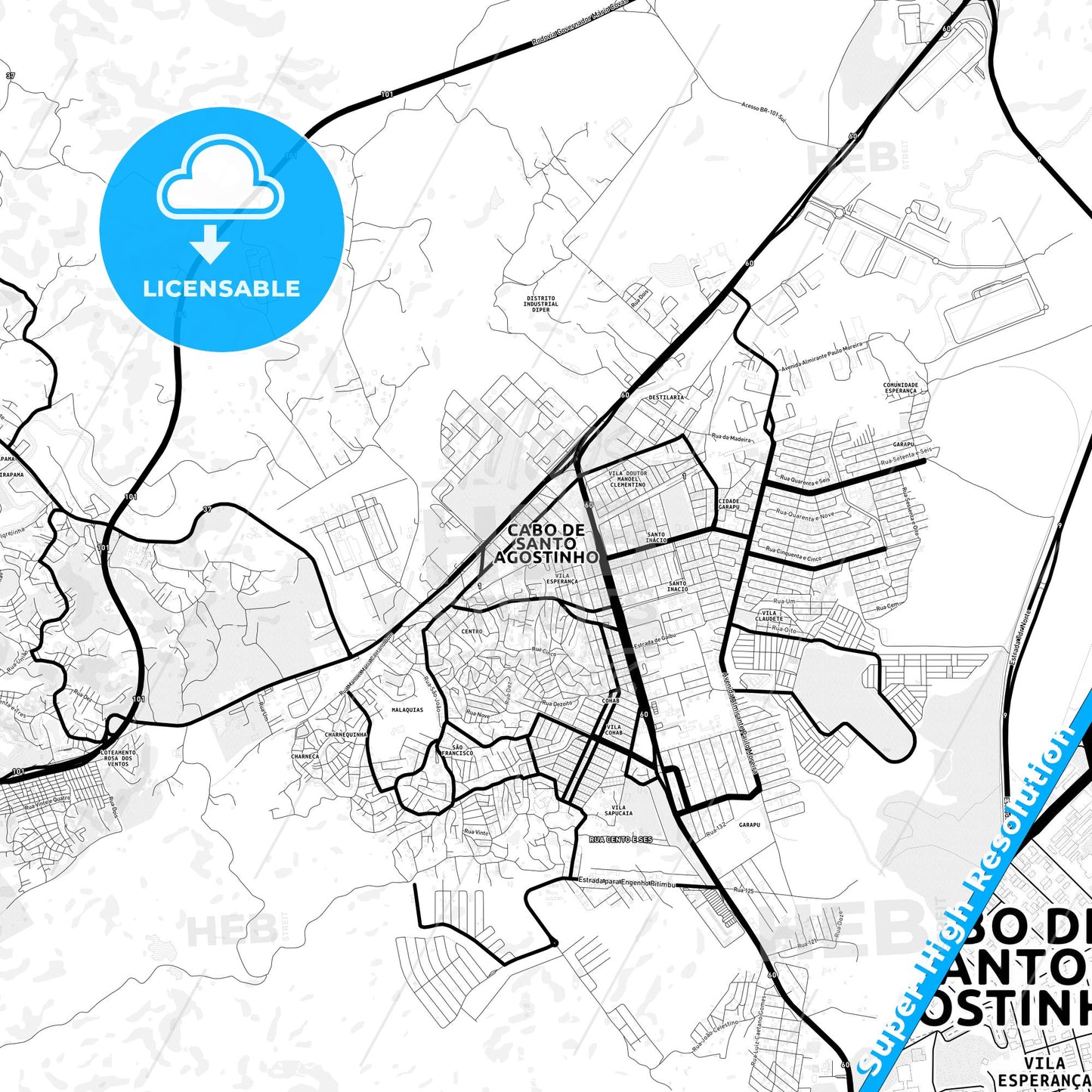 Cabo, Brazil Light Map with Street Names, City Names, and Districts