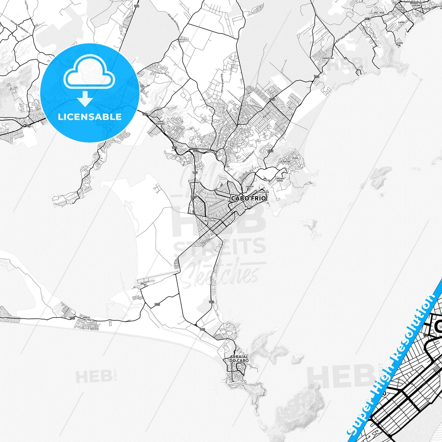 Cabo Frio, Brazil light map with streetnames, citynames and districts