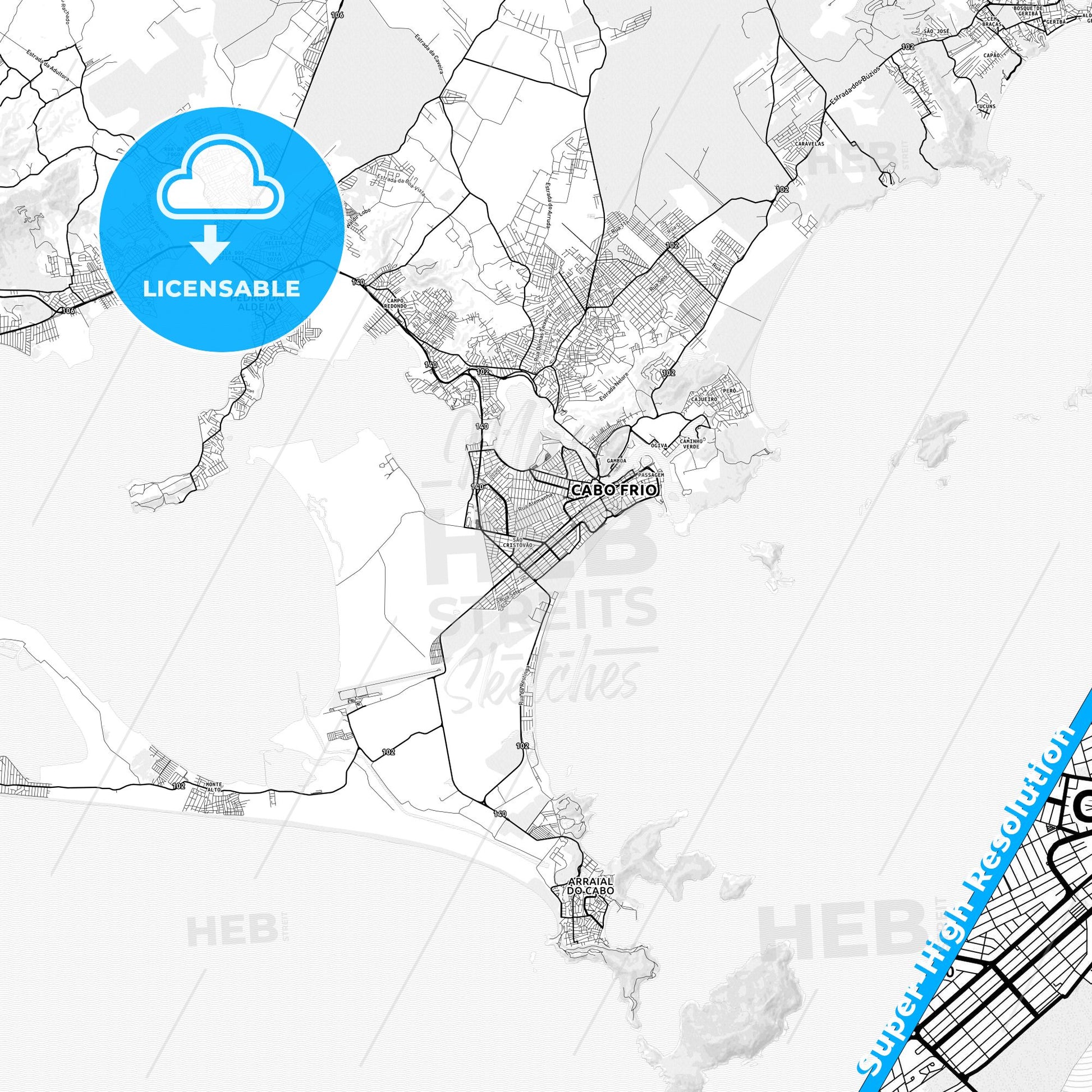 Cabo Frio, Brazil light map with streetnames, citynames and districts