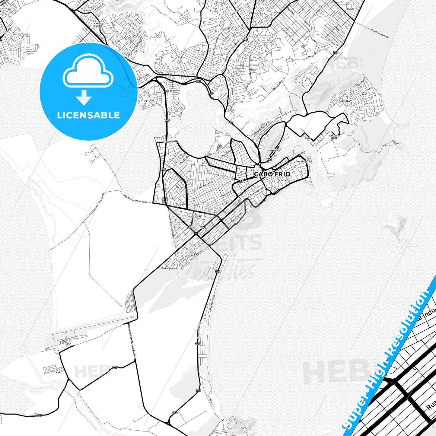 Cabo Frio, Brazil Light Map with Street Names, City Names, and Districts