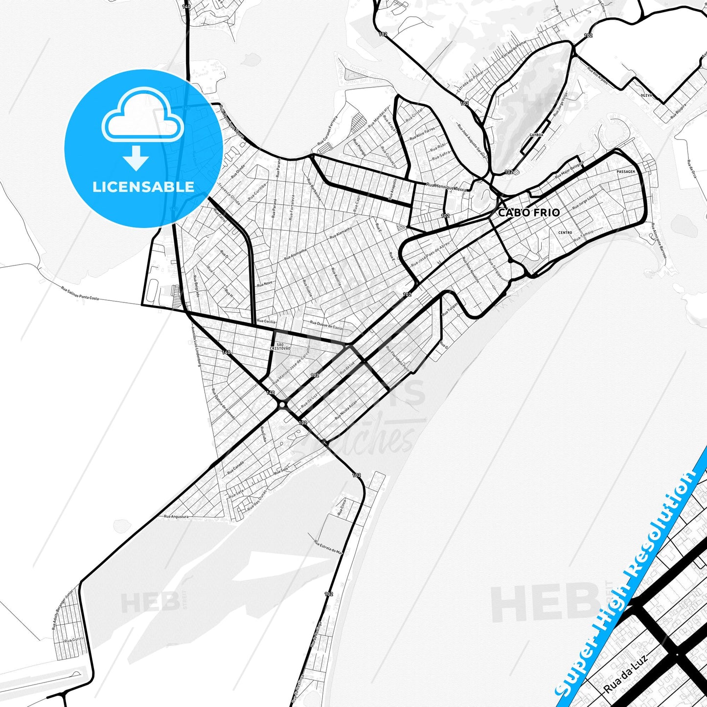 Cabo Frio, Brazil Light Map with Street Names, City Names, and Districts