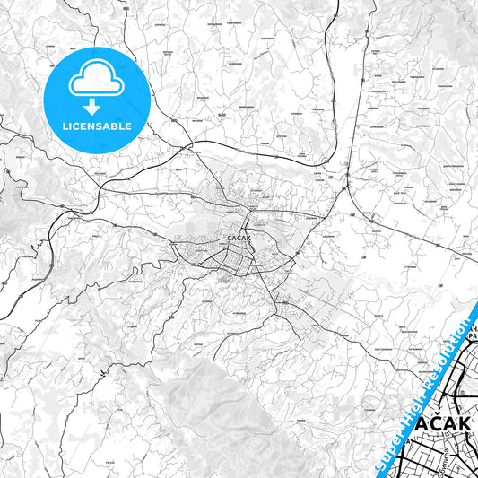 Čačak, Serbia light map with streetnames, citynames and districts