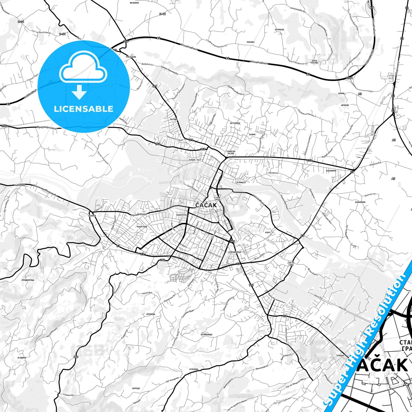 Čačak, Serbia Light Map with Street Names, City Names, and Districts