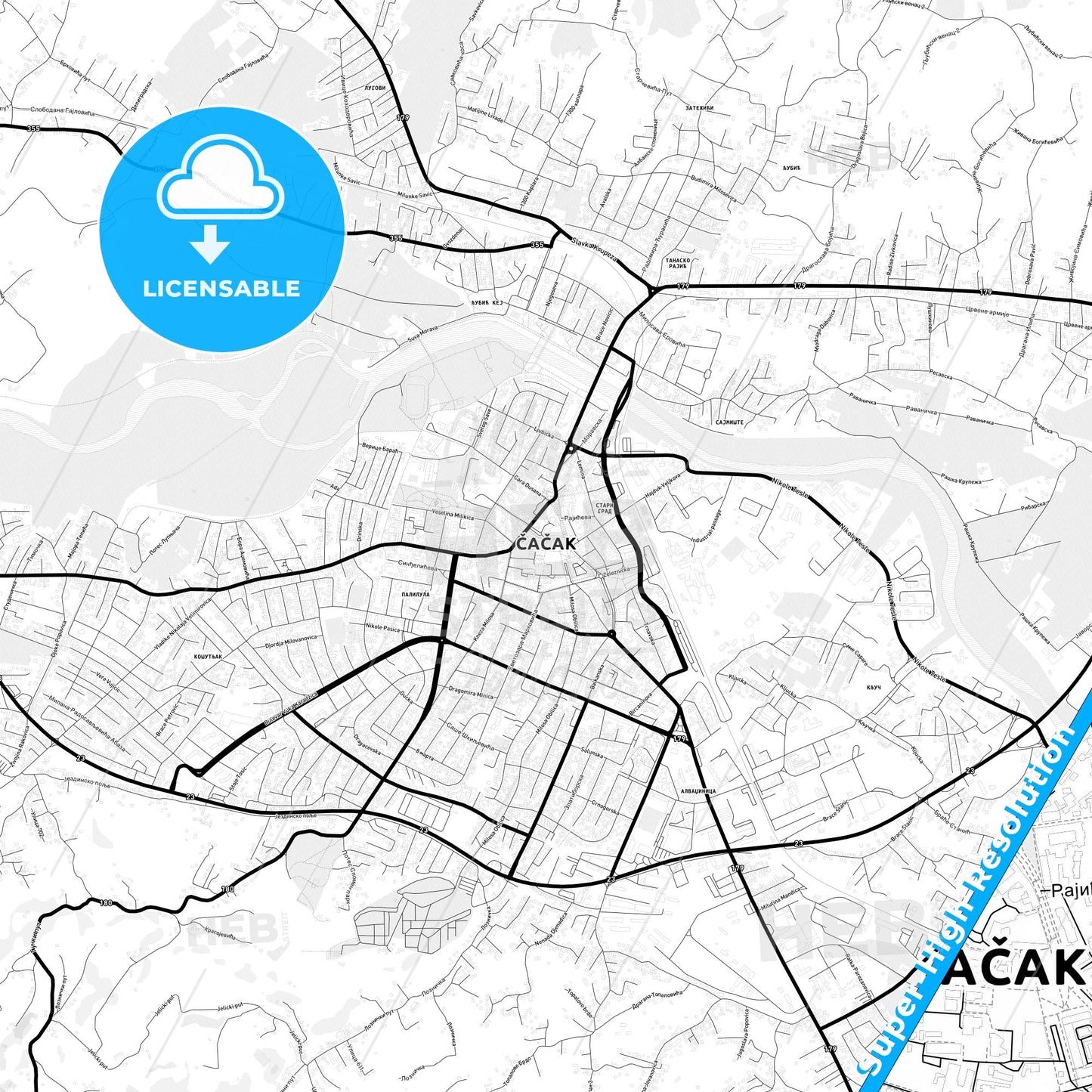 Čačak, Serbia Light Map with Street Names, City Names, and Districts