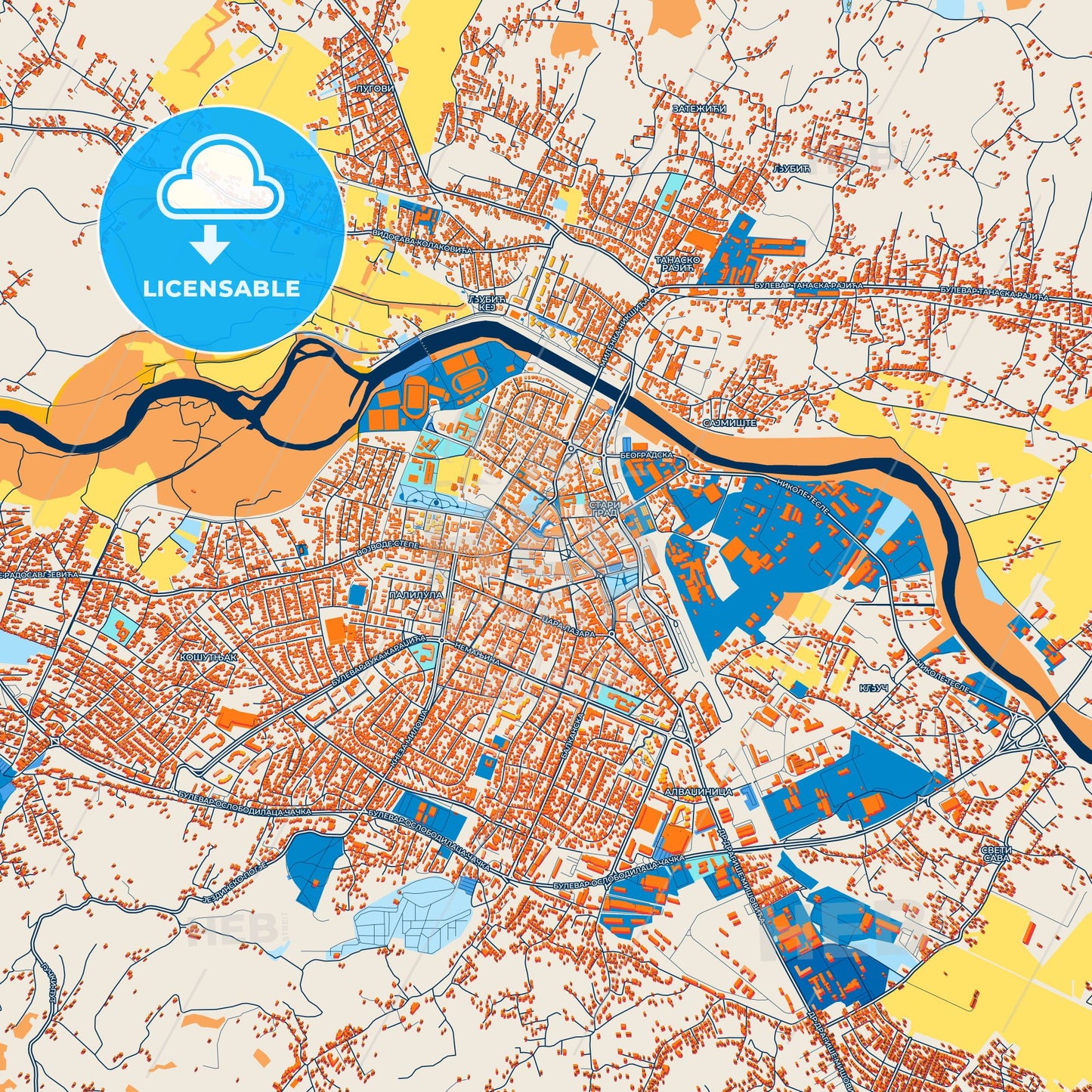 Colorful Čačak Street Map with Labels and Buildings