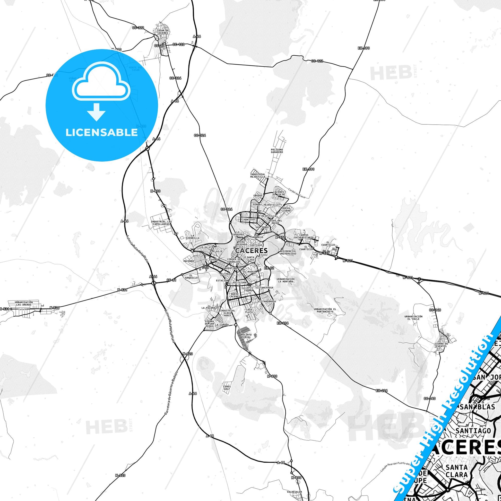 Cáceres, Spain light map with streetnames, citynames and districts