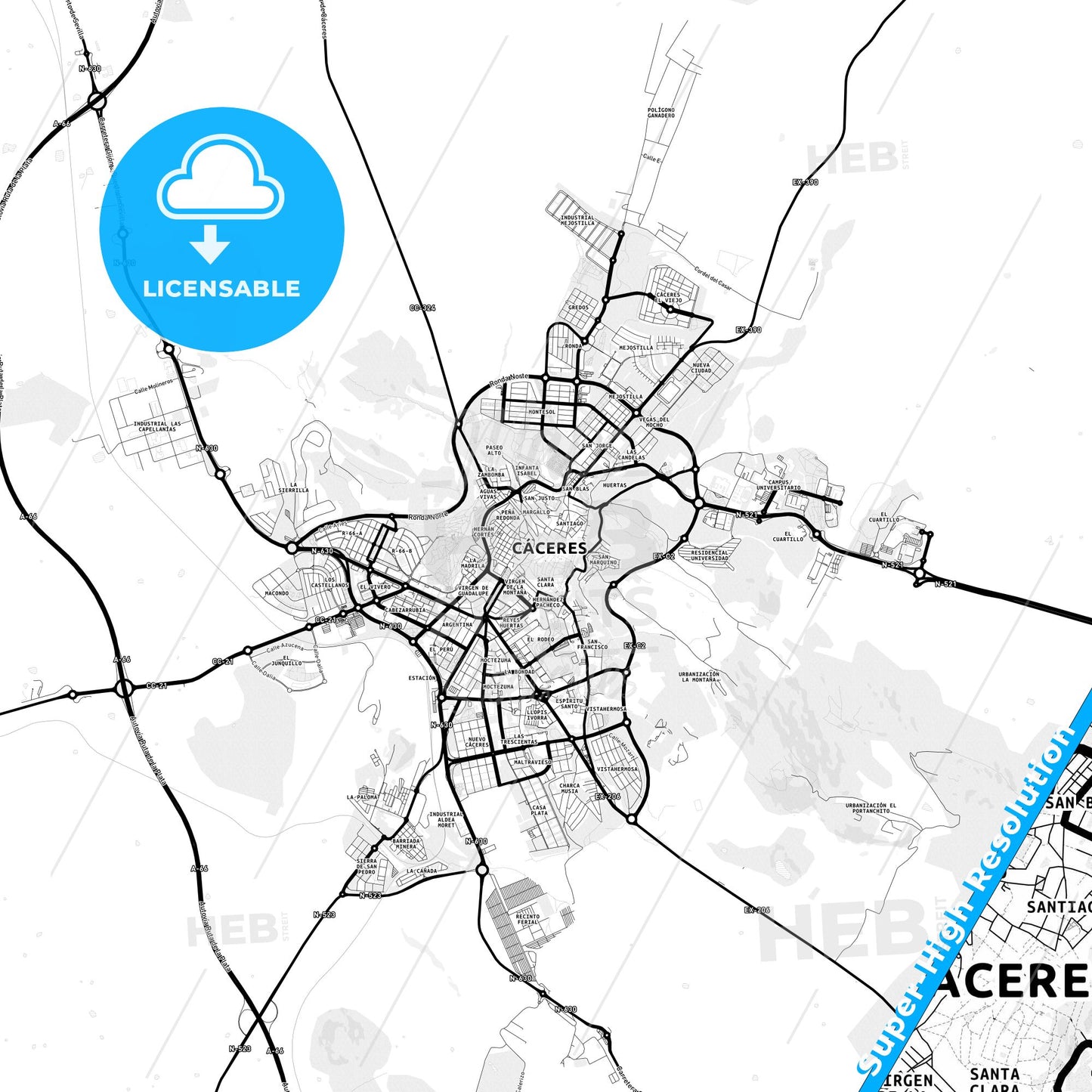 Cáceres, Spain Light Map with Street Names, City Names, and Districts