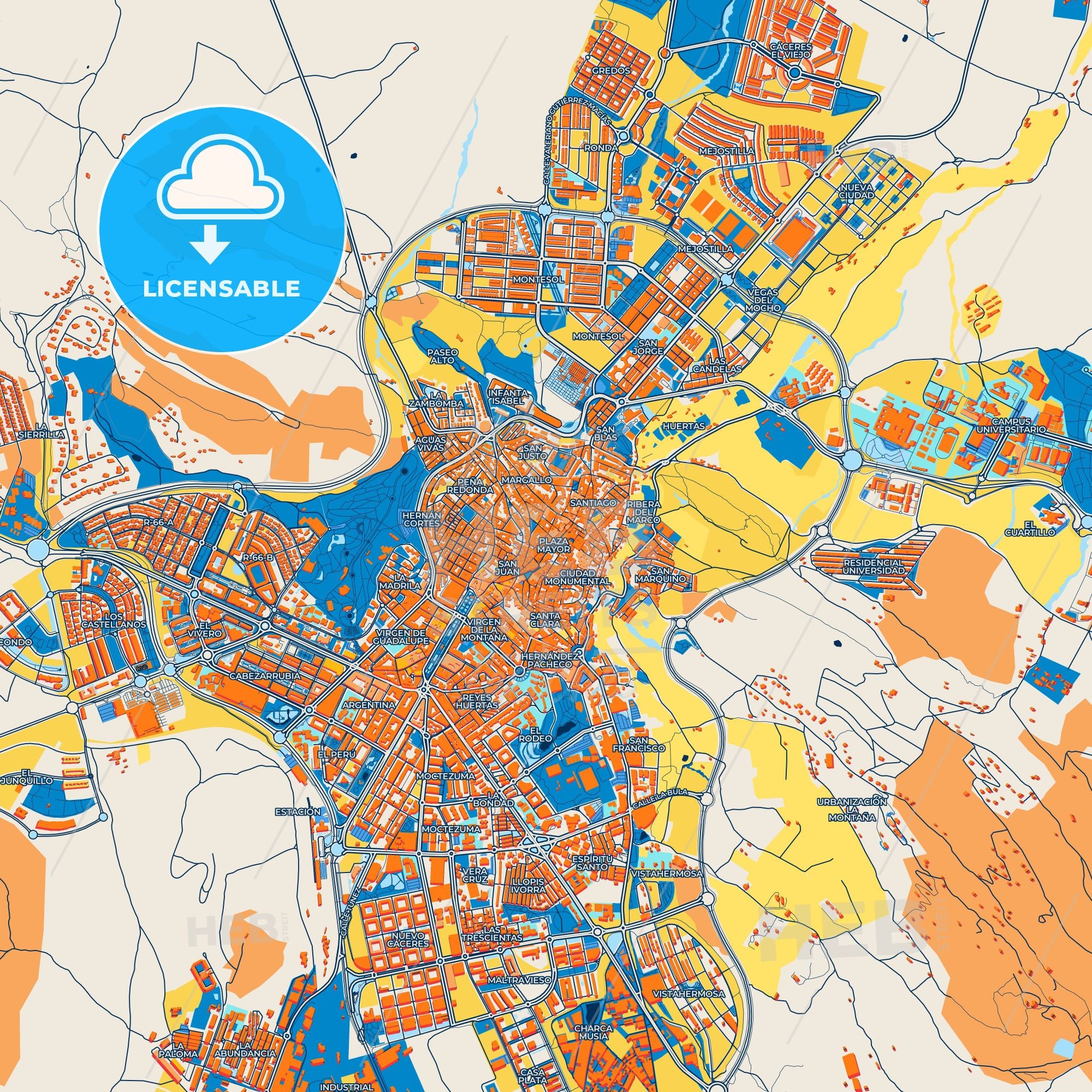 Colorful Cáceres Street Map With Labels And Buildings – HEBSTREITS