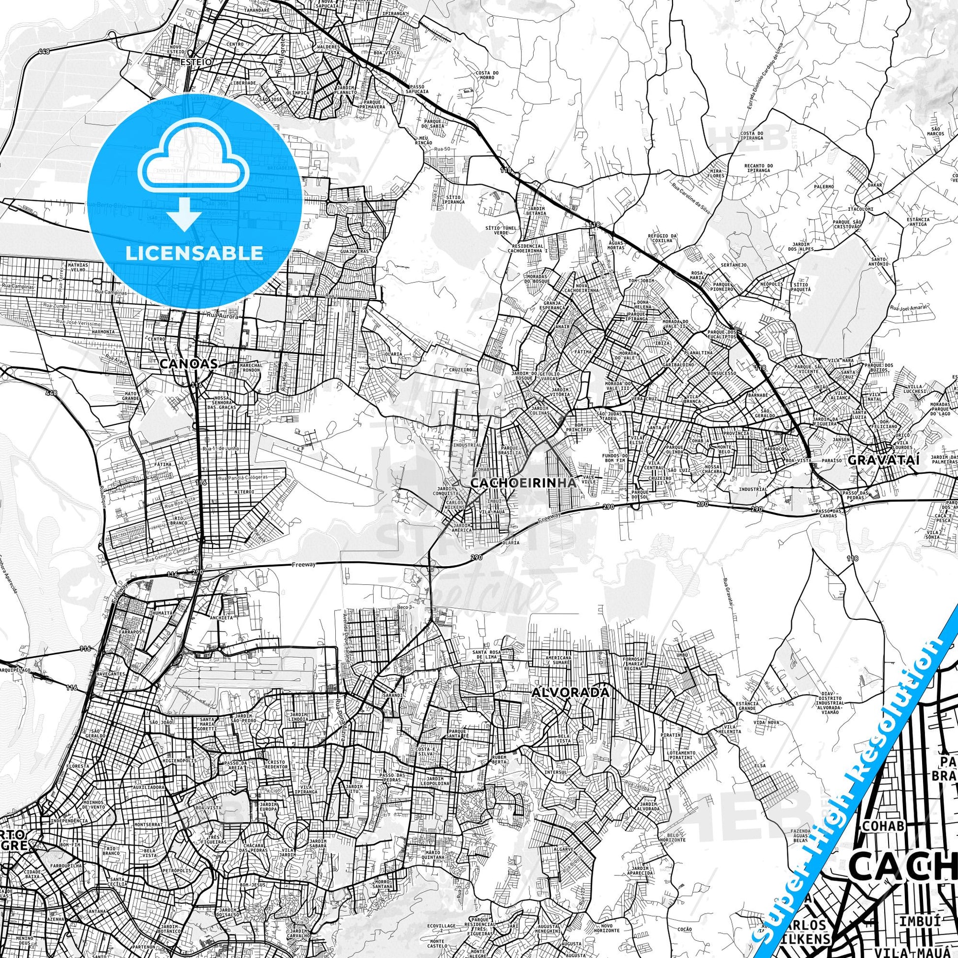 Cachoeirinha, Brazil light map with streetnames, citynames and districts
