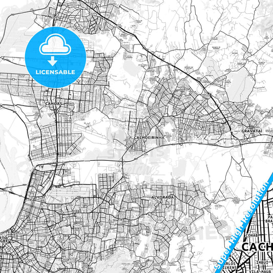 Cachoeirinha, Brazil light map with streetnames, citynames and districts