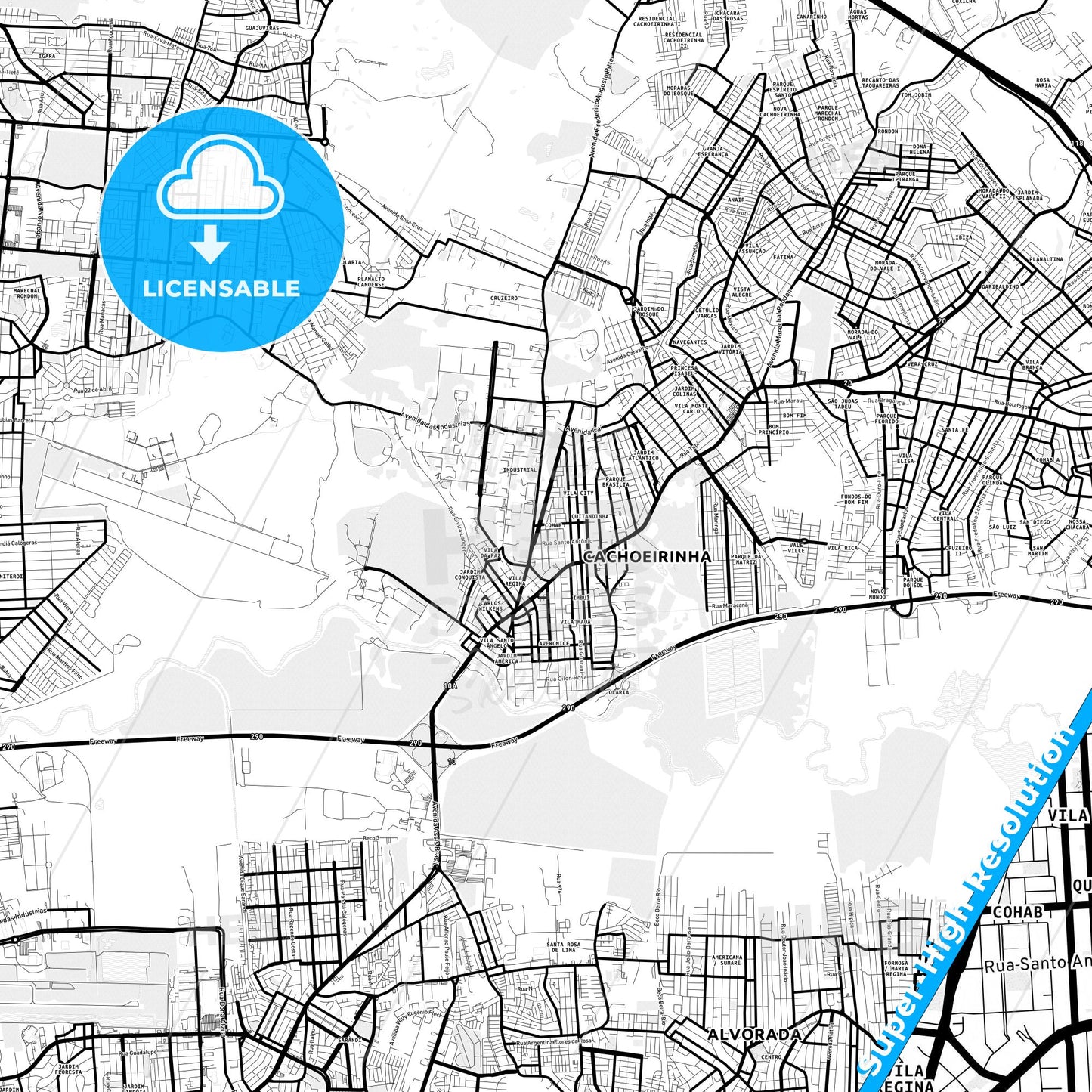 Cachoeirinha, Brazil Light Map with Street Names, City Names, and Districts