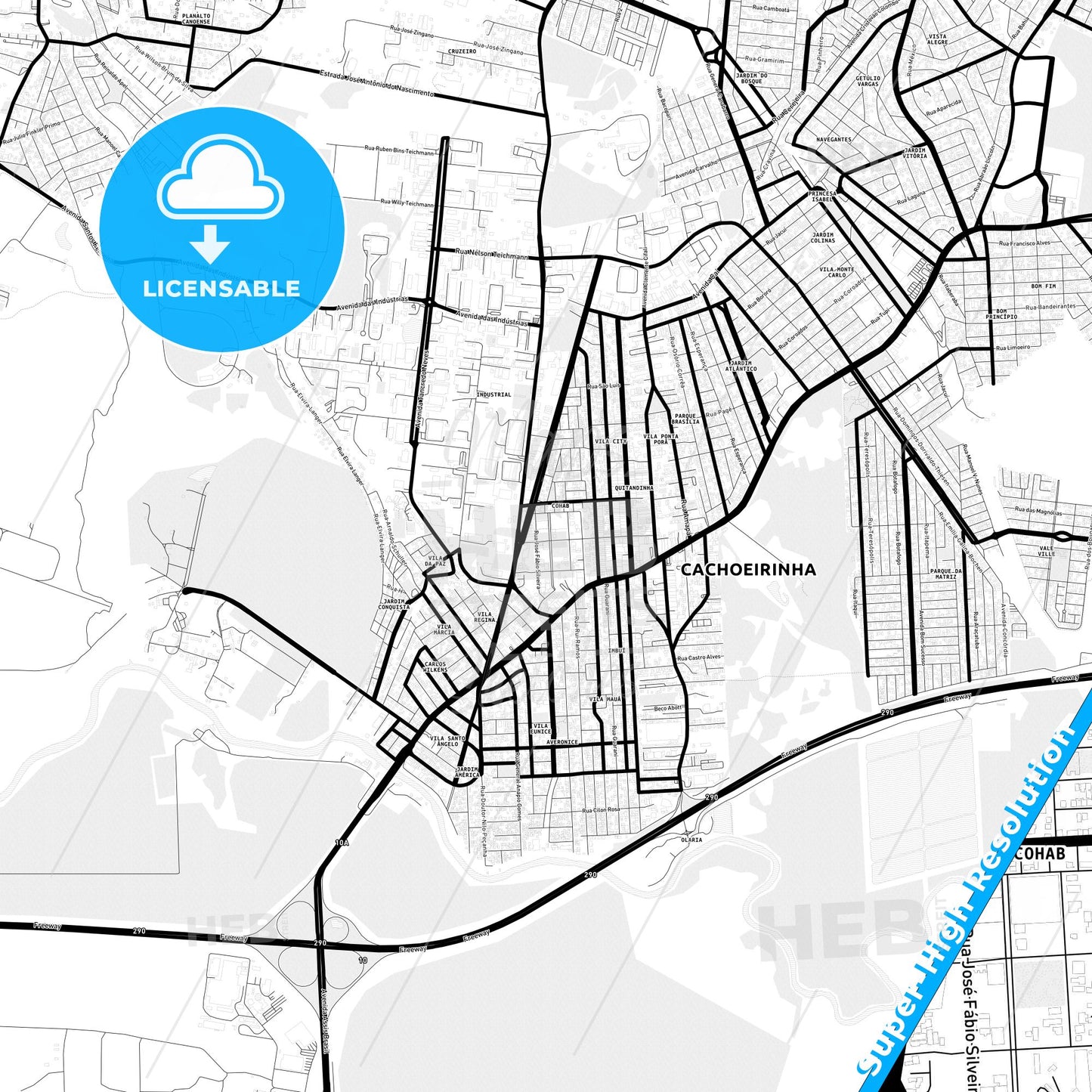 Cachoeirinha, Brazil Light Map with Street Names, City Names, and Districts