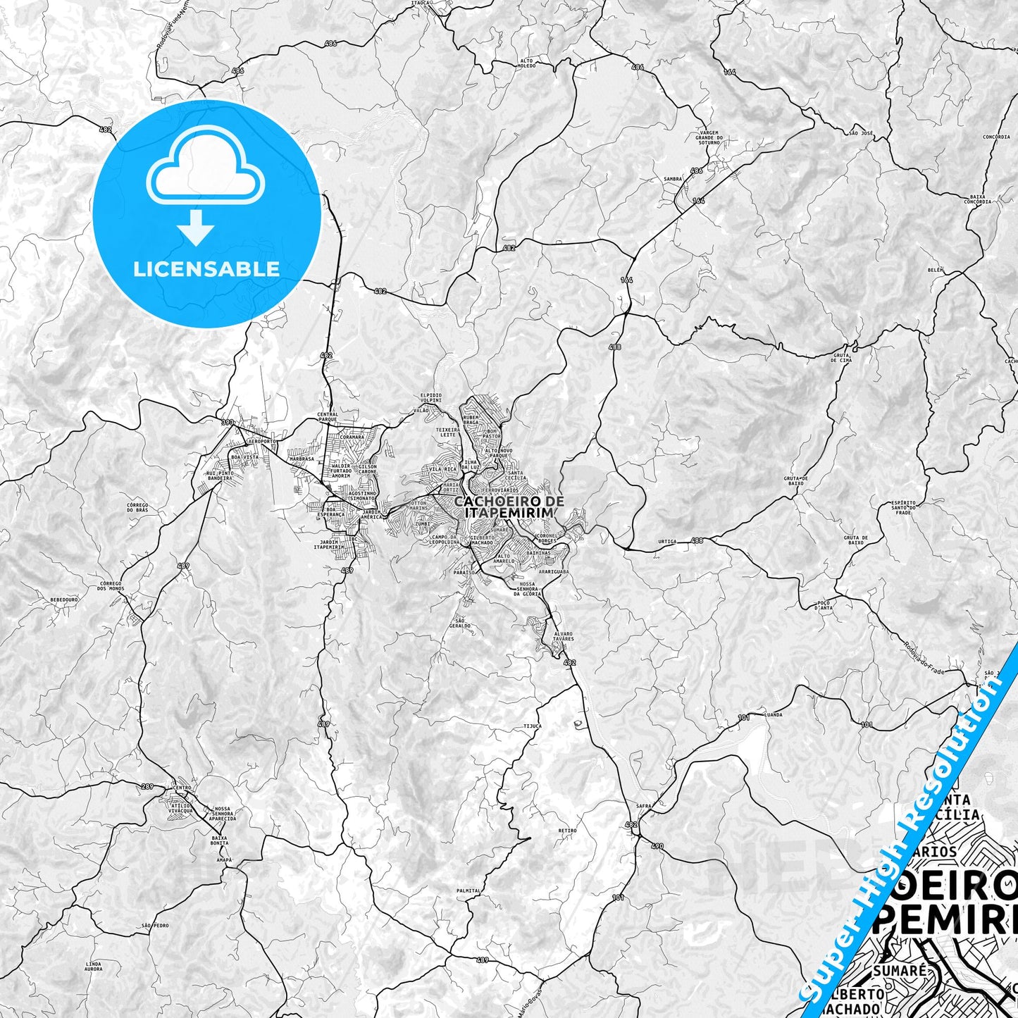 Cachoeiro de Itapemirim, Brazil light map with streetnames, citynames and districts