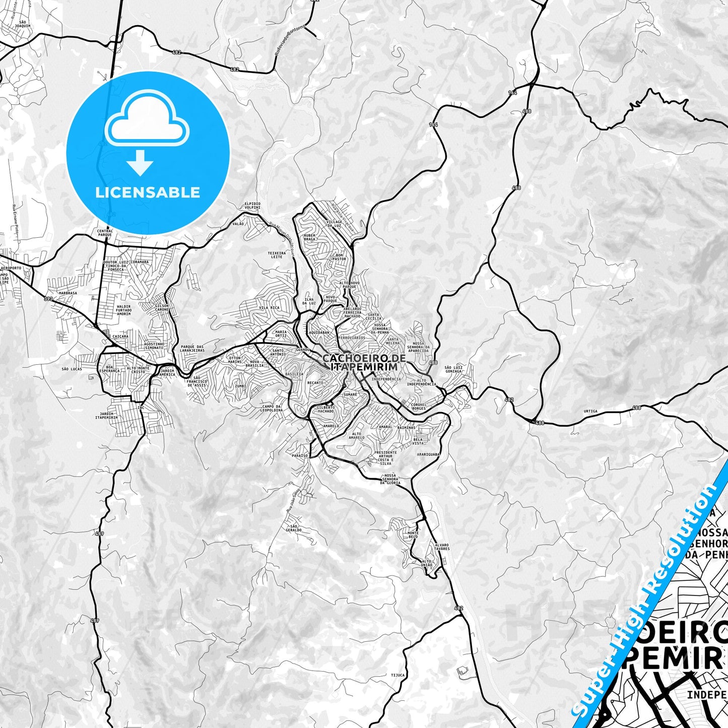 Cachoeiro de Itapemirim, Brazil Light Map with Street Names, City Names, and Districts