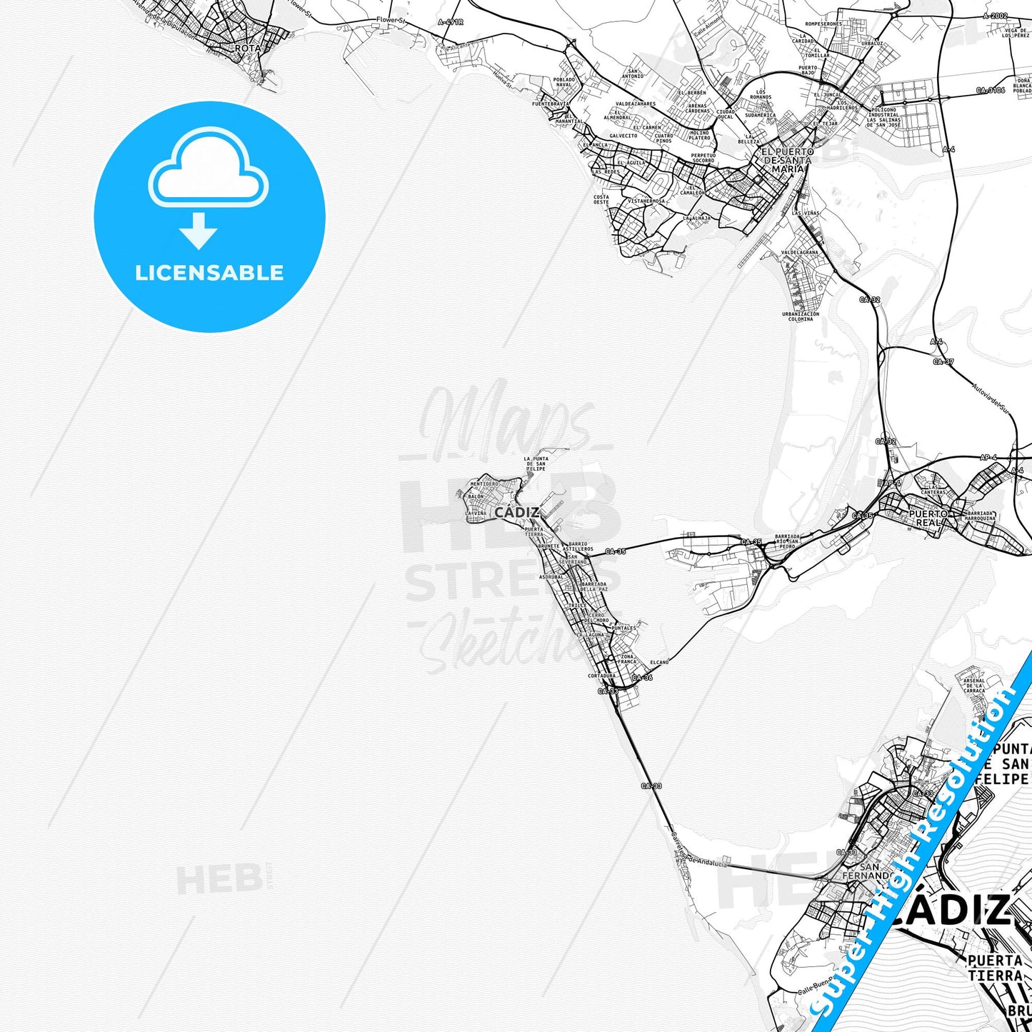 Cadiz, Spain light map with streetnames, citynames and districts