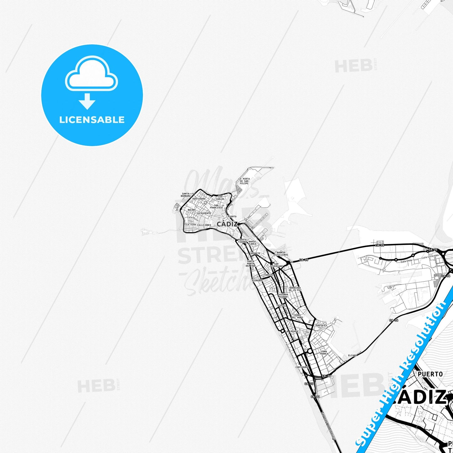 Cadiz, Spain Light Map with Street Names, City Names, and Districts