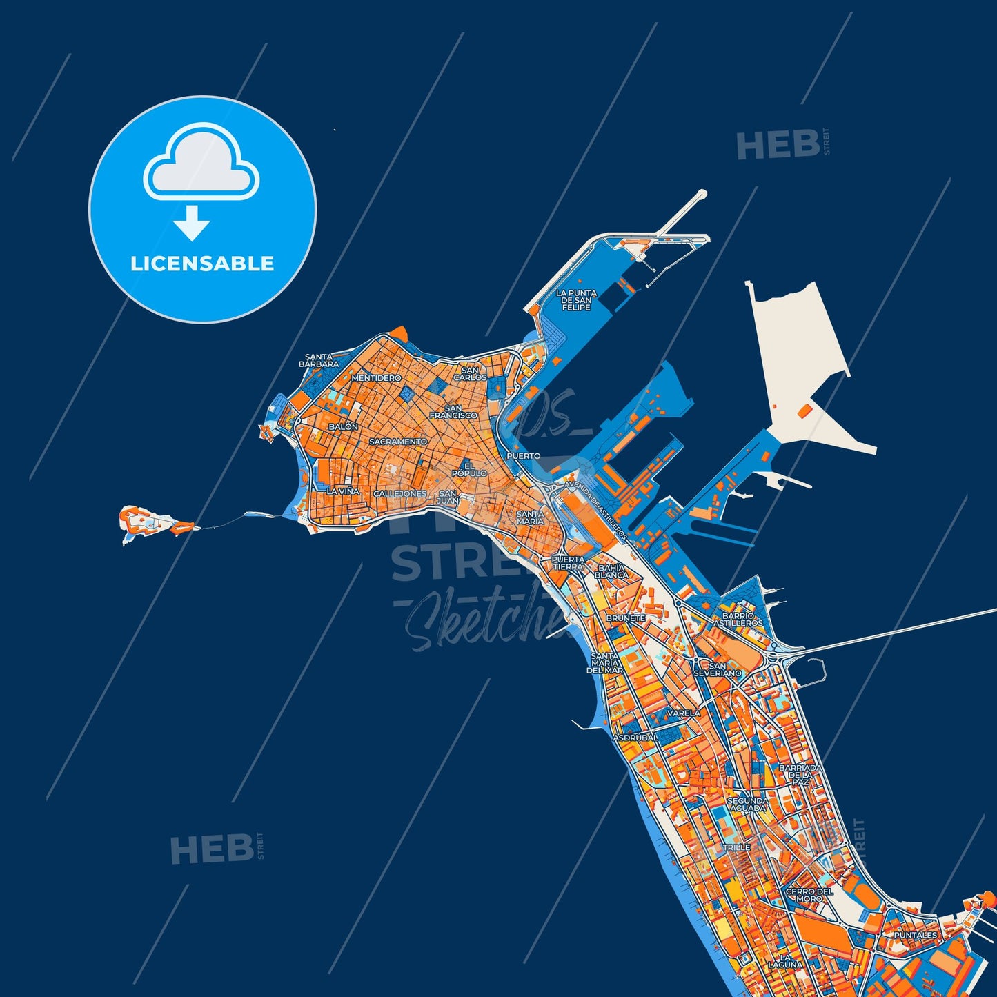 Colorful Cadiz Street Map with Labels and Buildings
