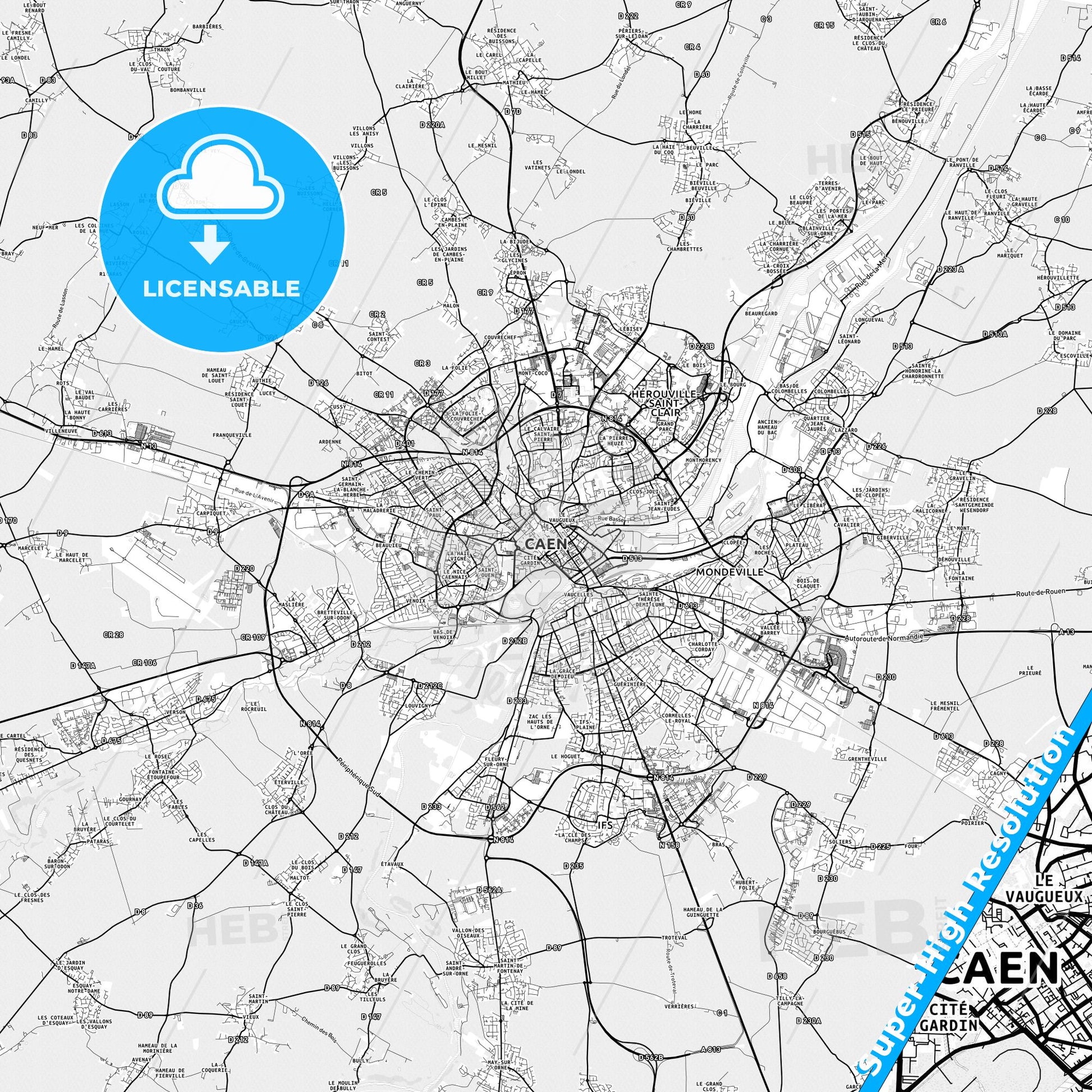 Caen, France light map with streetnames, citynames and districts