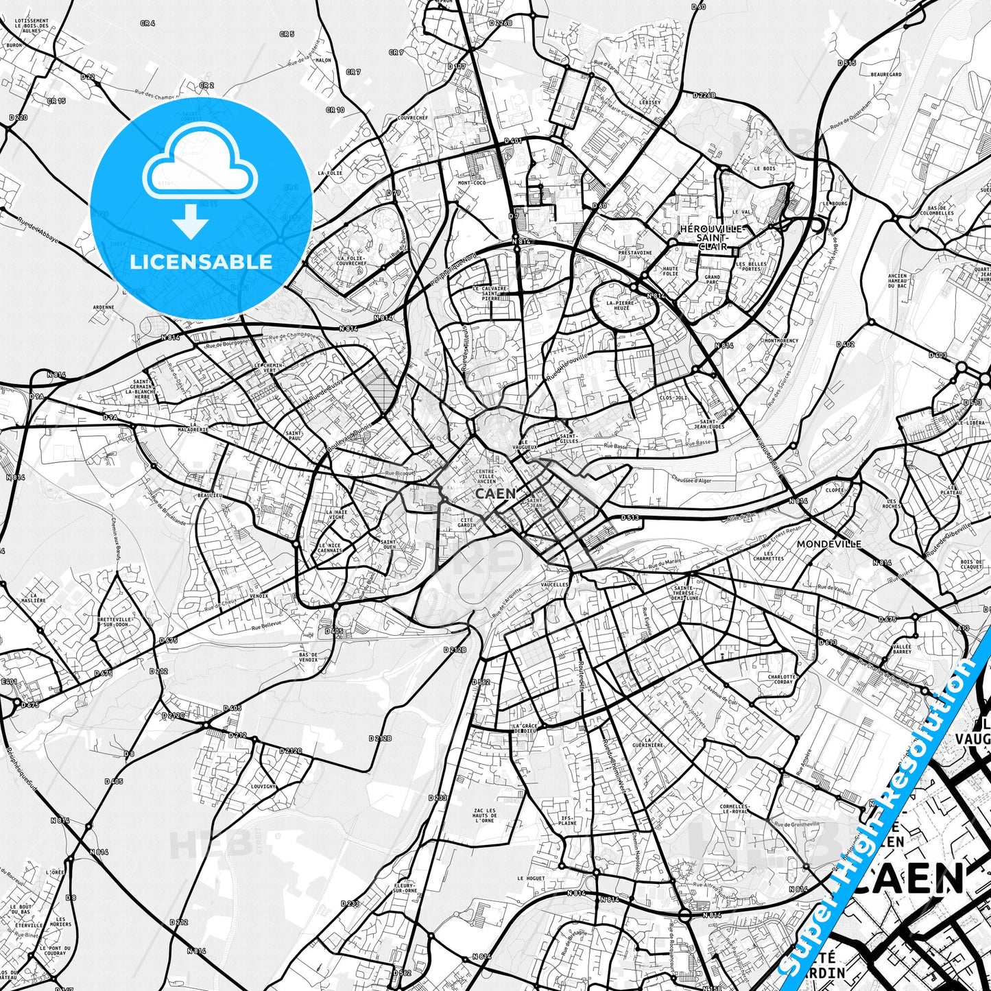 Caen, France Light Map with Street Names, City Names, and Districts