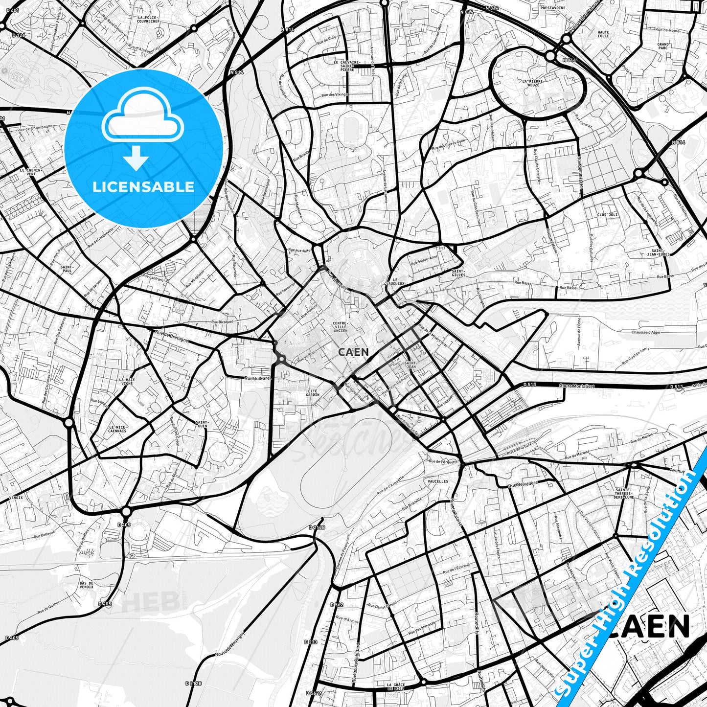 Caen, France Light Map with Street Names, City Names, and Districts