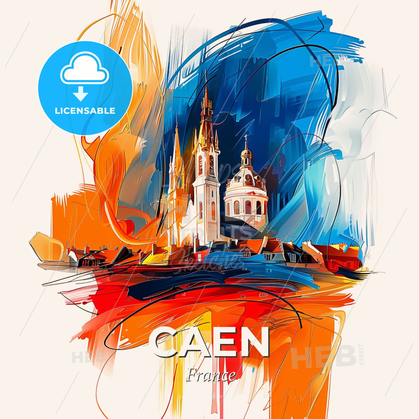 Vibrant Caen, France - A Painting Of A Building With A Colorful Background - Square format print template