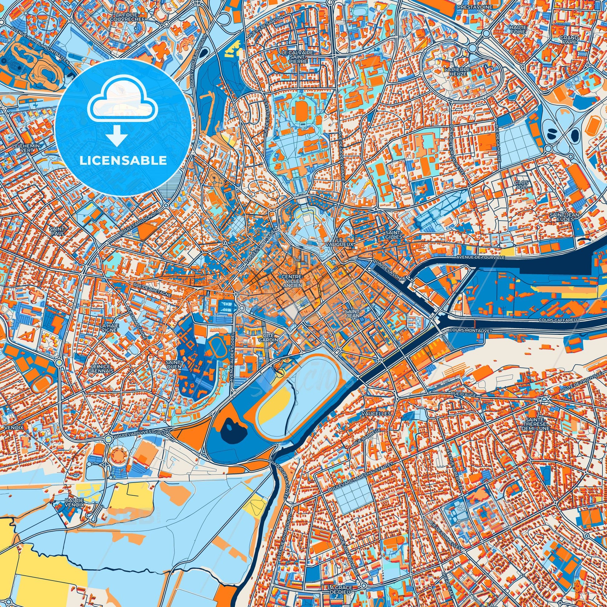 Colorful Caen Street Map with Labels and Buildings