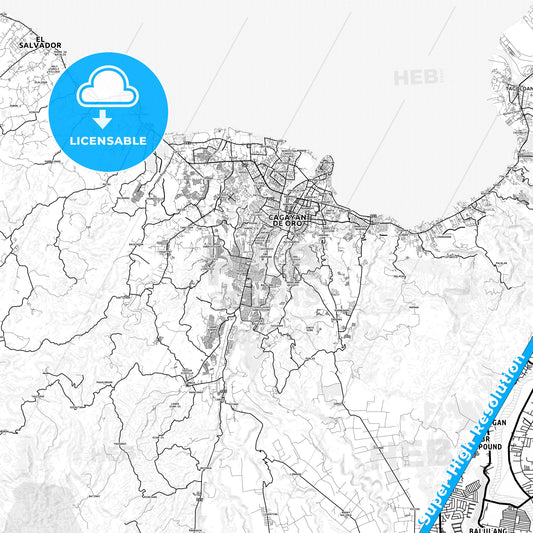 Cagayan de Oro, Philippines light map with streetnames, citynames and districts