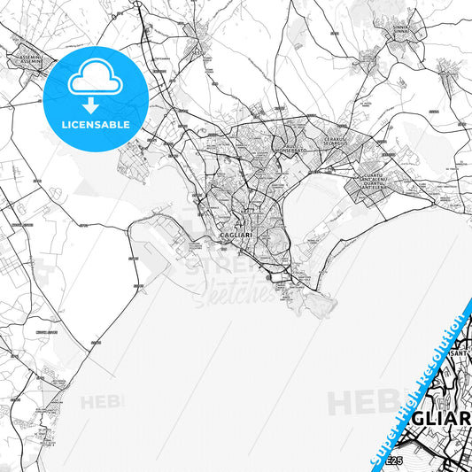 Cagliari, Italy light map with streetnames, citynames and districts