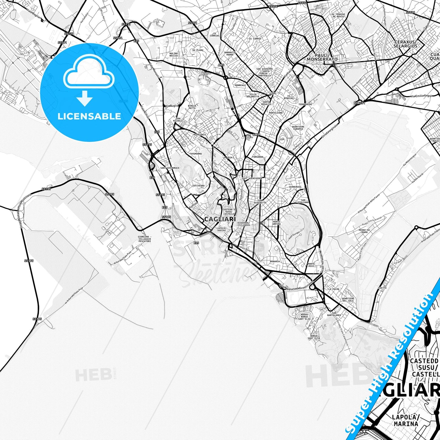 Cagliari, Italy Light Map with Street Names, City Names, and Districts