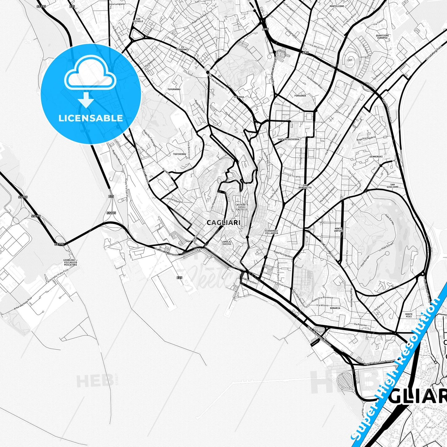 Cagliari, Italy Light Map with Street Names, City Names, and Districts