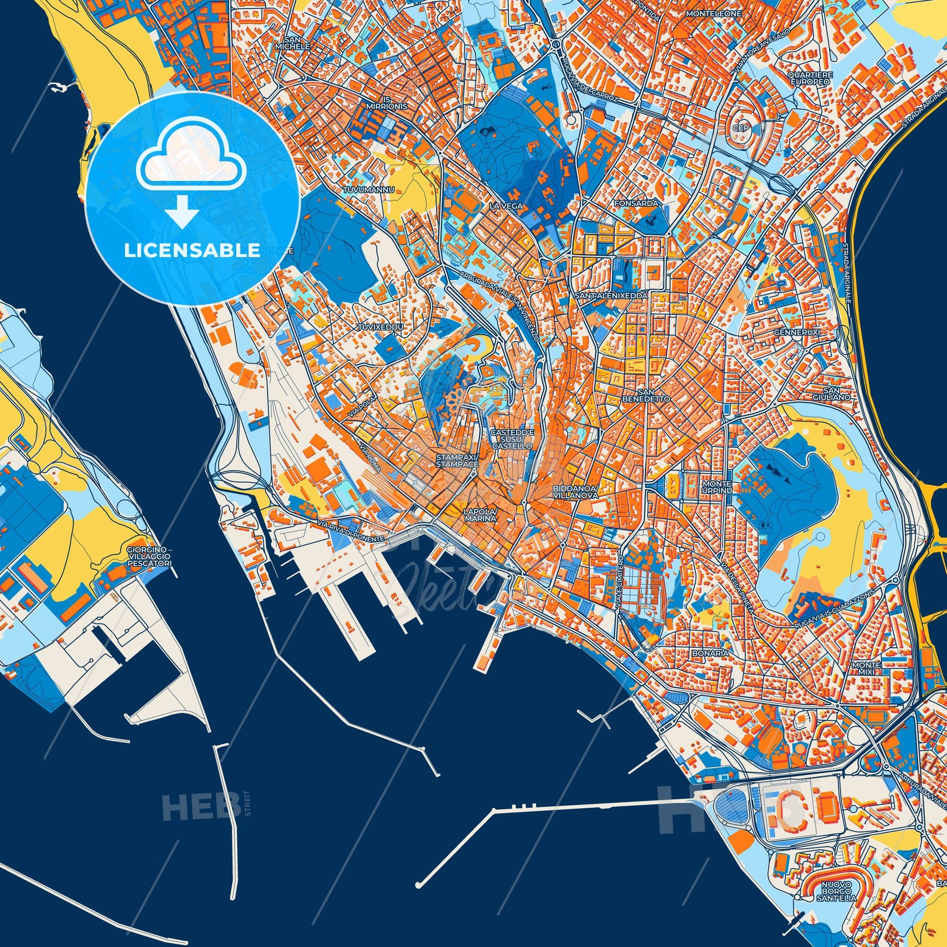 Colorful Cagliari Street Map with Labels and Buildings