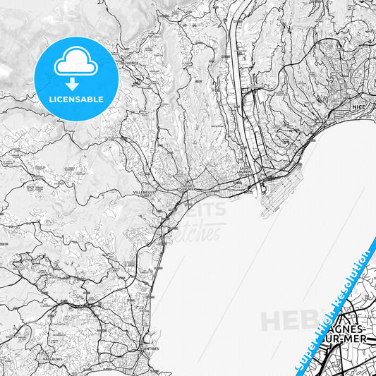 Cagnes-sur-Mer, France light map with streetnames, citynames and districts