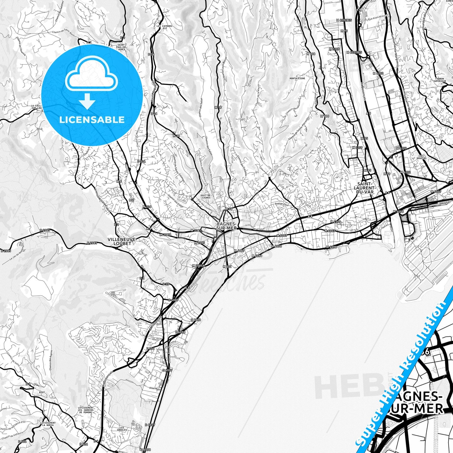 Cagnes-sur-Mer, France Light Map with Street Names, City Names, and Districts