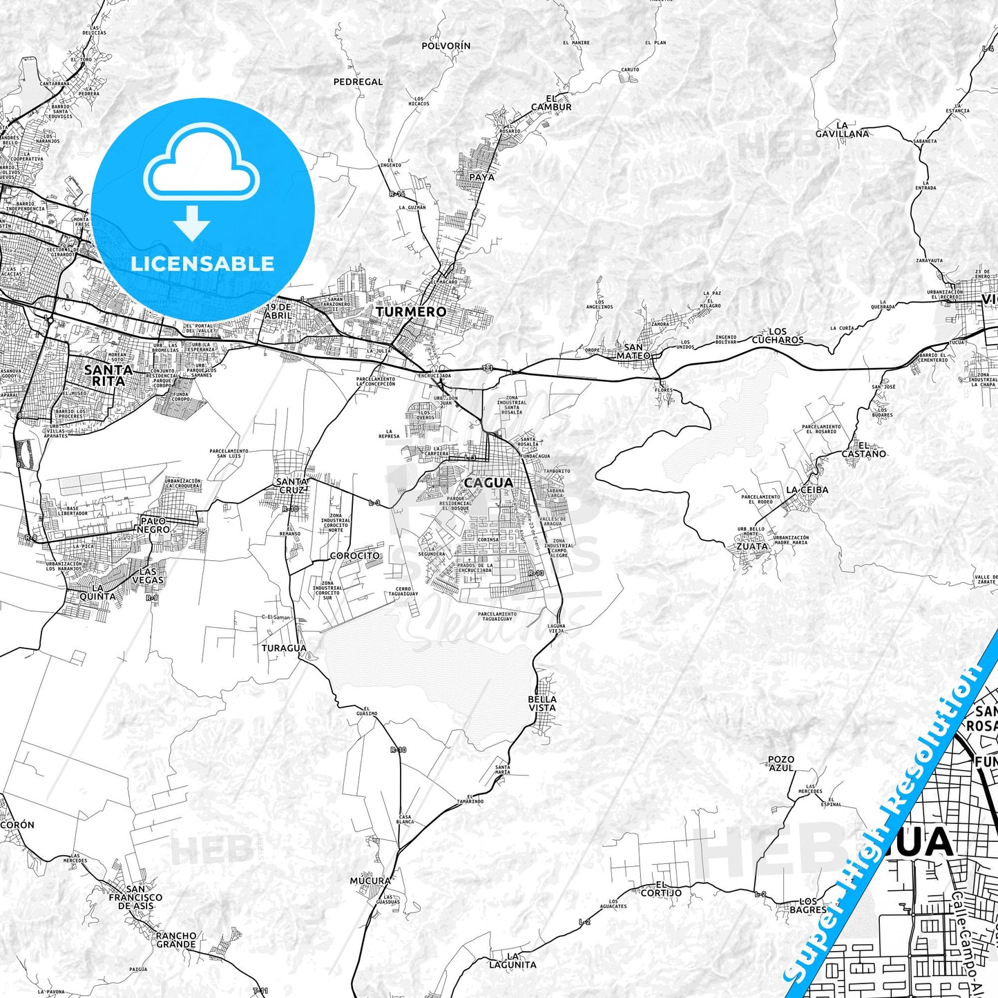Cagua, Venezuela light map with streetnames, citynames and districts