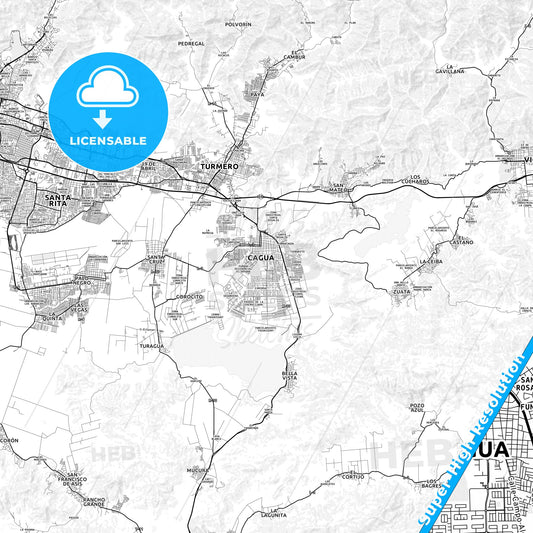 Cagua, Venezuela light map with streetnames, citynames and districts