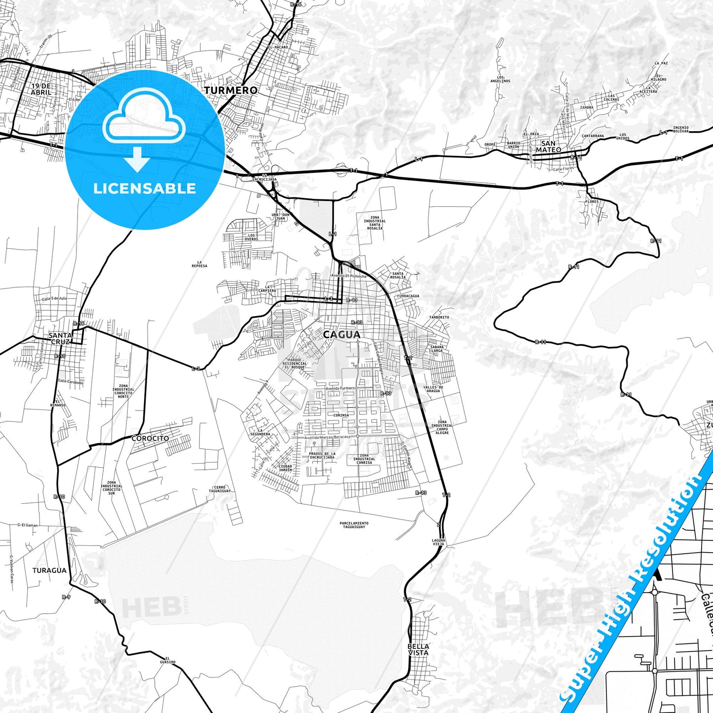 Cagua, Venezuela Light Map with Street Names, City Names, and Districts
