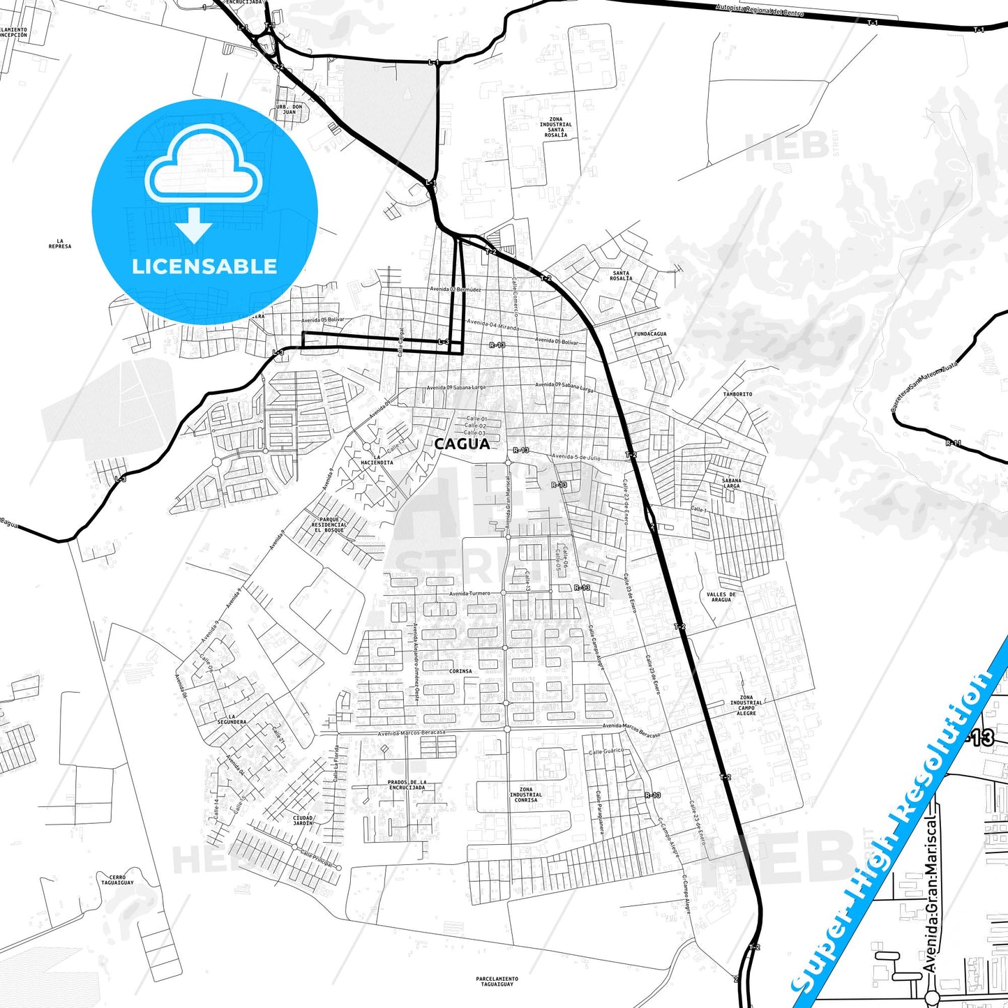 Cagua, Venezuela Light Map with Street Names, City Names, and Districts