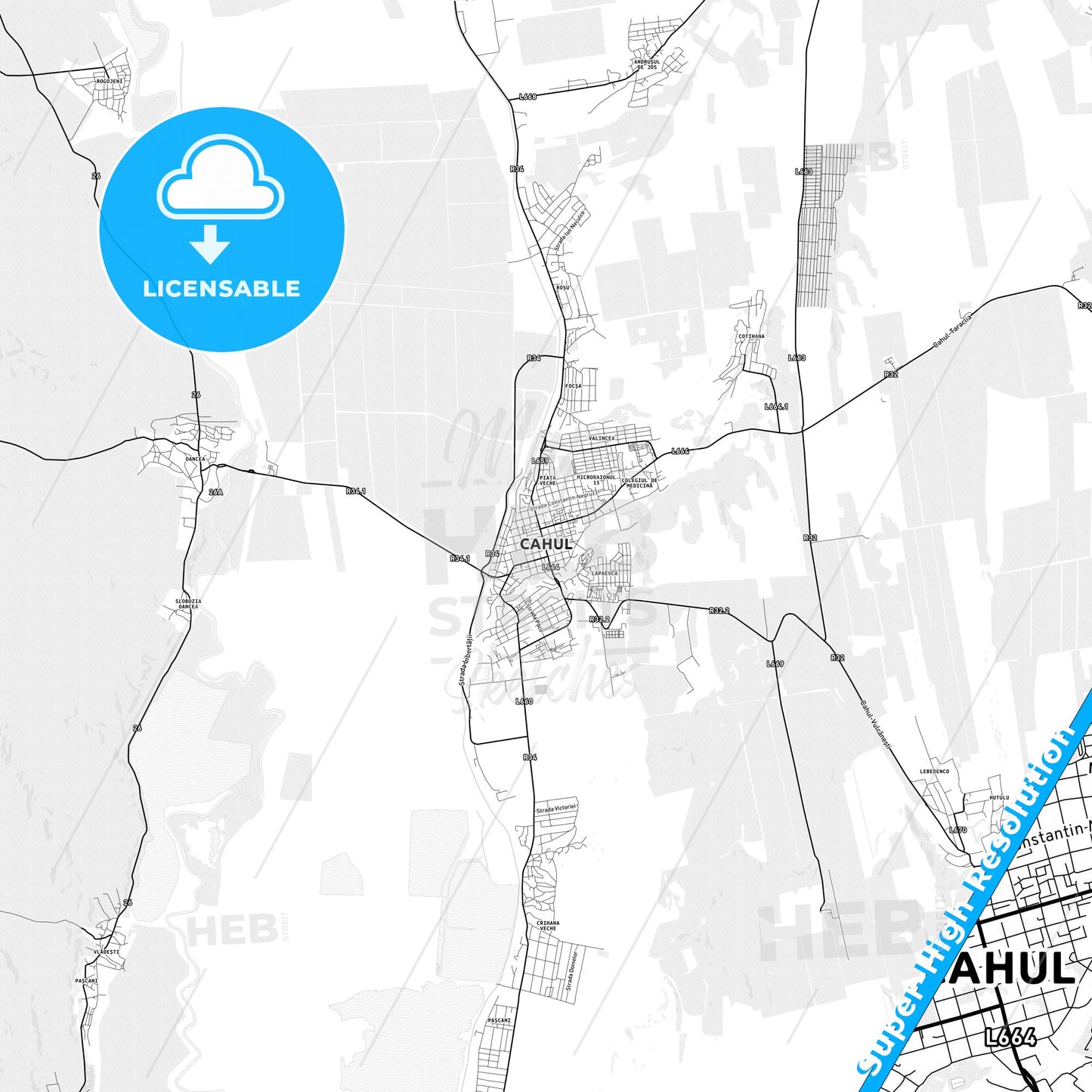 Cahul, Moldova light map with streetnames, citynames and districts