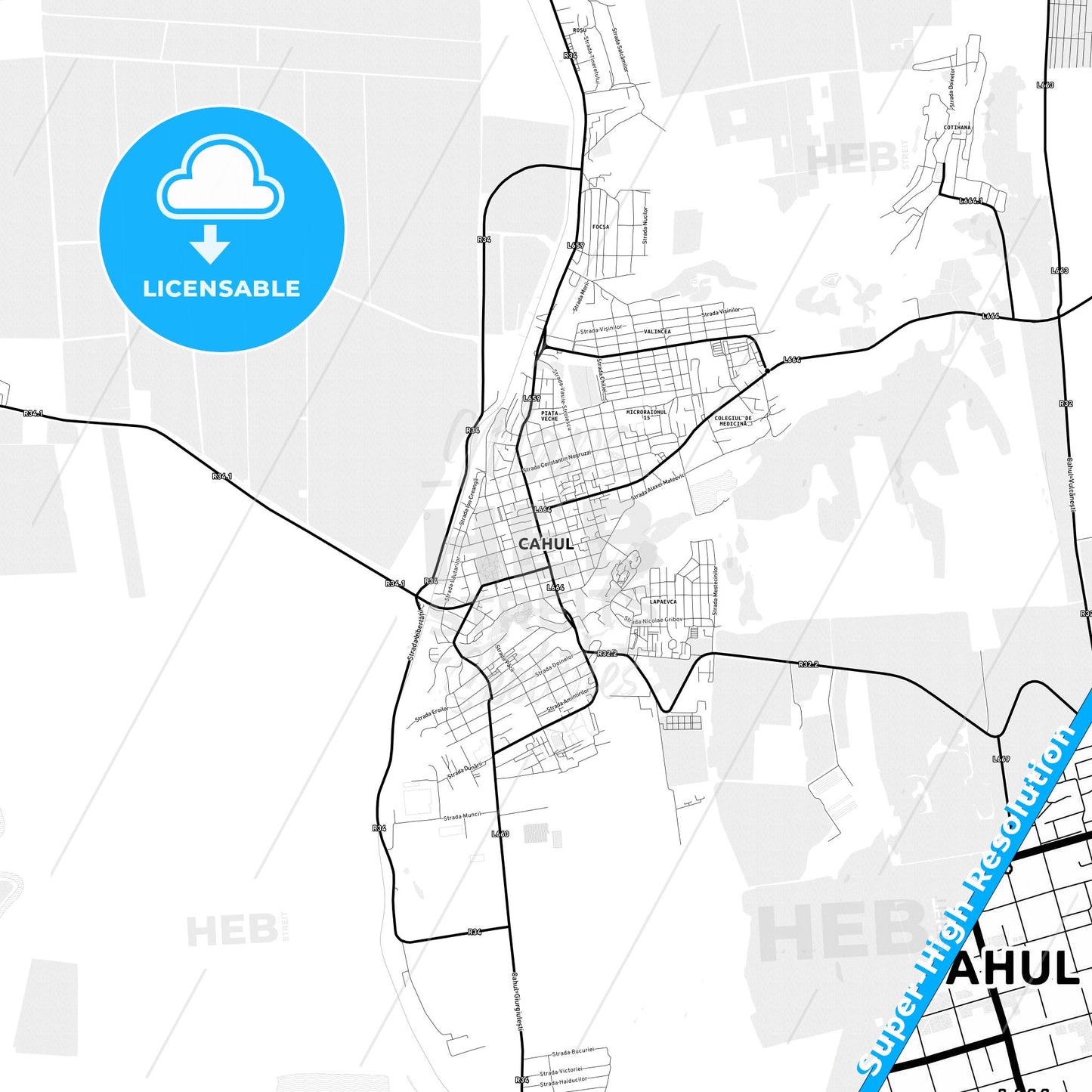 Cahul, Moldova Light Map with Street Names, City Names, and Districts