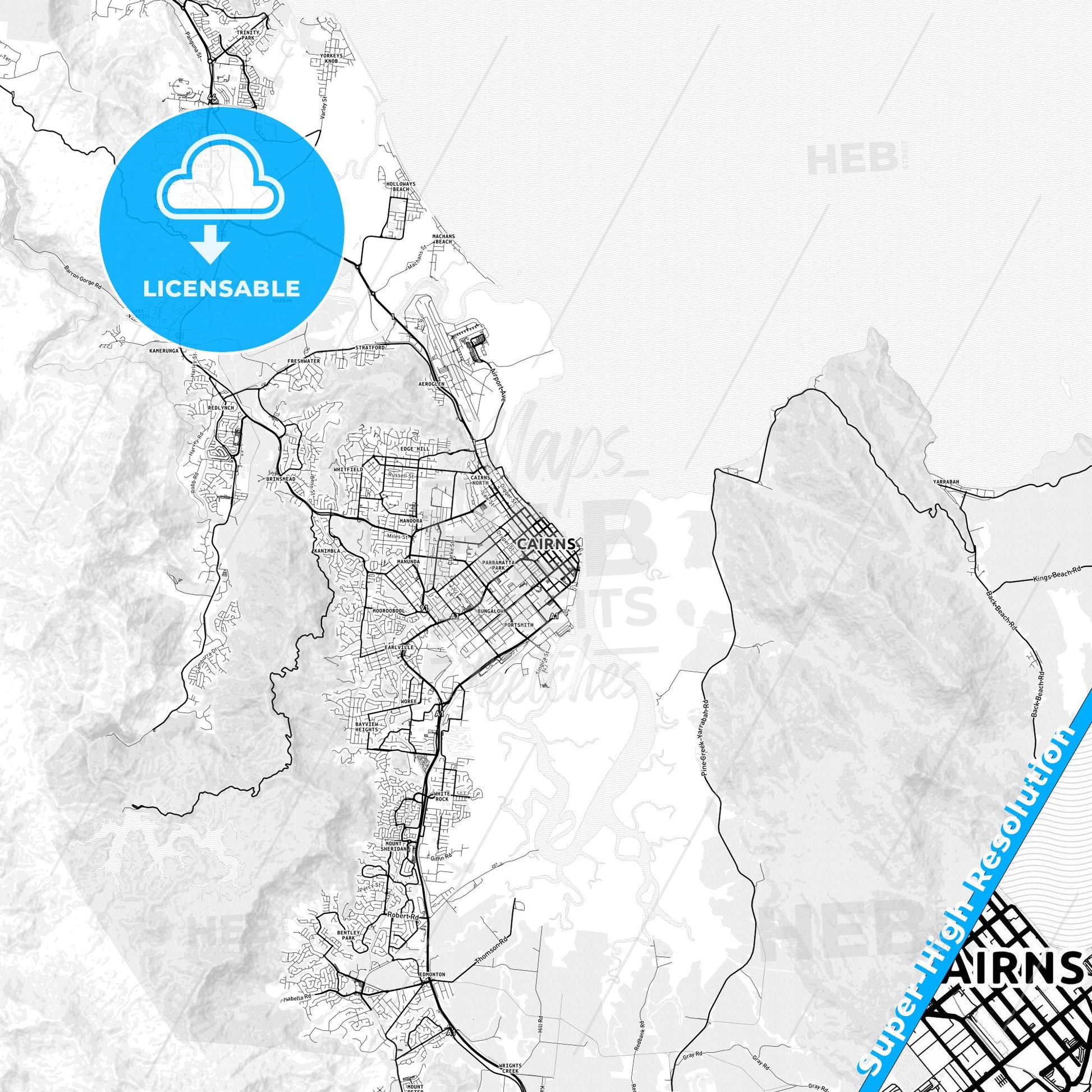 Cairns, Australia light map with streetnames, citynames and districts
