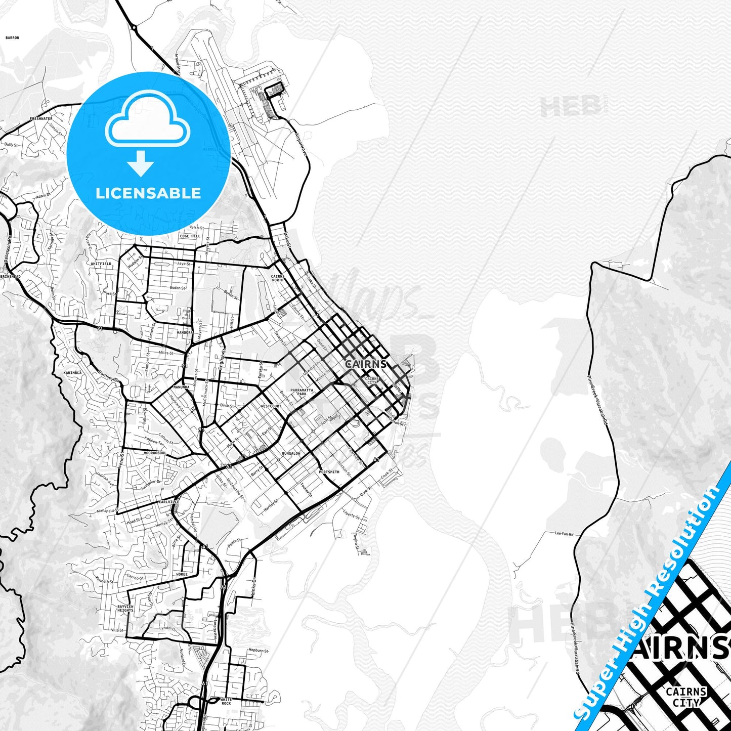 Cairns, Australia Light Map with Street Names, City Names, and Districts