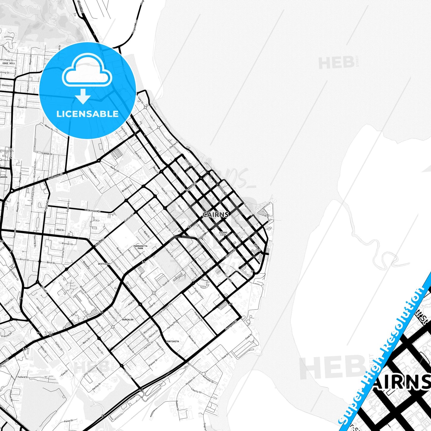 Cairns, Australia Light Map with Street Names, City Names, and Districts