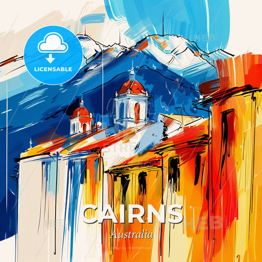 Vibrant Cairns, Australia - A Painting Of A Building With A Mountain In The Background - Square format print template