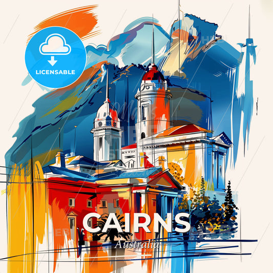 Vibrant Cairns, Australia - A Painting Of A Building With A Mountain In The Background - Square format print template