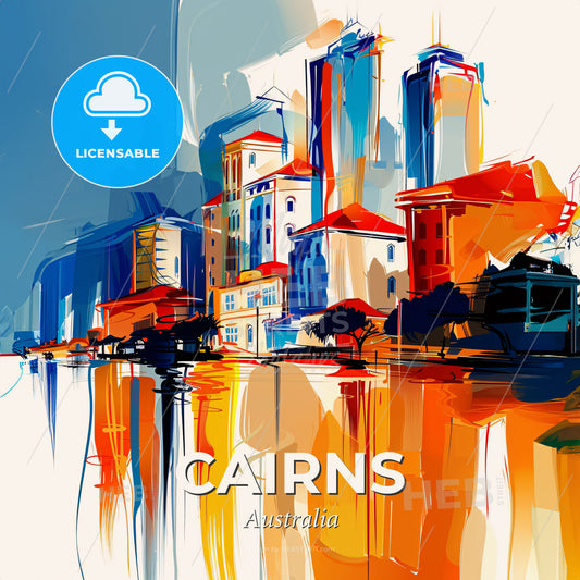 Vibrant Cairns, Australia - A Painting Of A City With Buildings And Water - Square format print template
